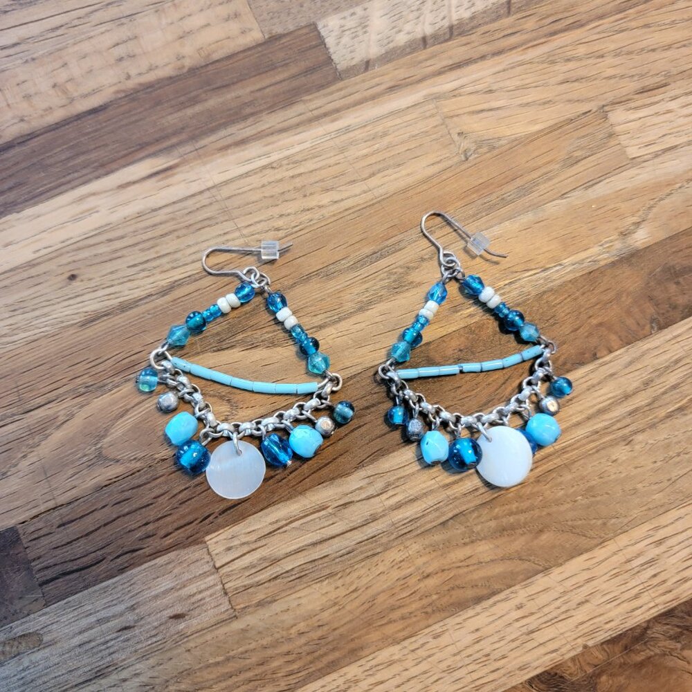 2" Trapezoid Blue Beaded Dangle Earrings - Picture 3 of 8